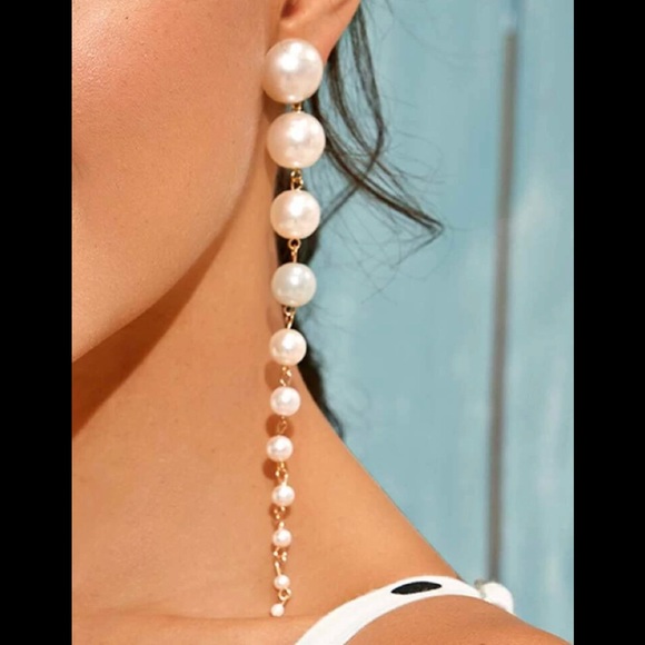 Fancy Long White Pearl Earrings - Picture 3 of 5